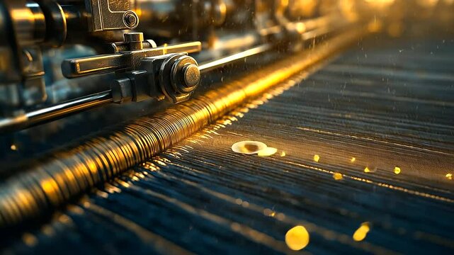 A close-up of weaving machines, highlighting their metallic precision as they intertwine deep blue and gold threads, creating a luxurious textile masterpiece.