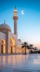 Naklejka premium Mosque twilight, crescent moon, palm trees, peaceful courtyard