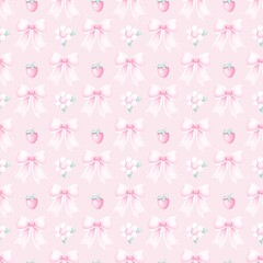 Seamless Pattern with Elegant Pink Bows, Delicate Flowers, and Sweet Strawberries on a Soft Pastel Background. Aesthetic print . Ideal for fabric,scrapbooking,banner , card, wrapping paper