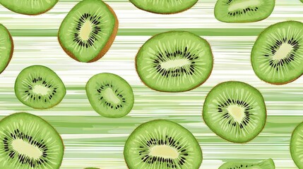 Fototapeta premium A kiwi halved sitting on a green countertop with another kiwi halved nearby