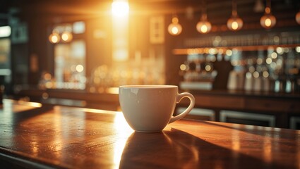 Fototapeta premium Warm light shines on a white mug on a wooden bar top, inviting you to relax with coffee.