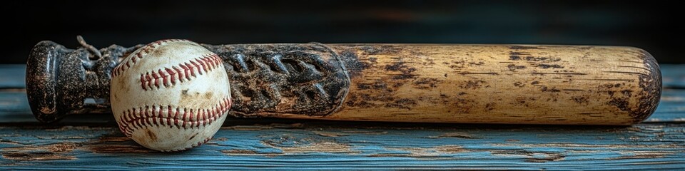 Aged baseball bat and worn ball.