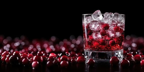 Refreshing cocktail with ice and cranberries on a dark background for a stylish drink presentation
