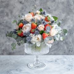 A beautiful glass vase, overflowing with vibrant flowers and fresh strawberries, elegantly placed on a stylish table