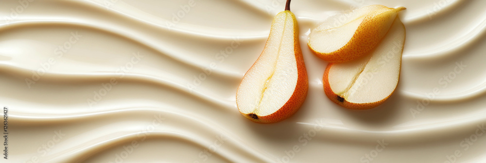 Poster soy milk and pear slices create elegant ripples on a smooth surface for a modern banner design