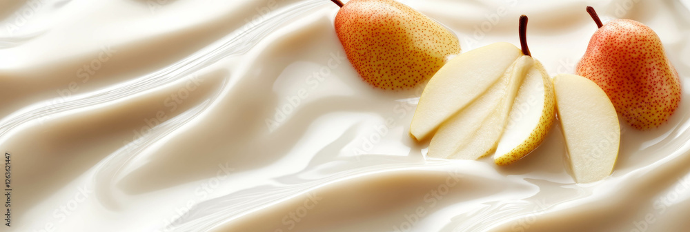 Aufkleber smooth soy milk flowing with fresh pear slices creating a soothing visual effect