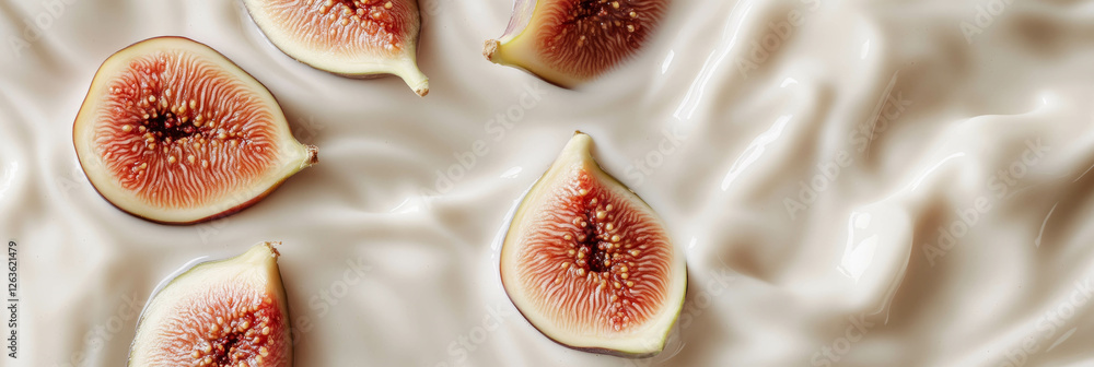 Poster soy milk and sliced figs creating captivating ripples on a smooth surface