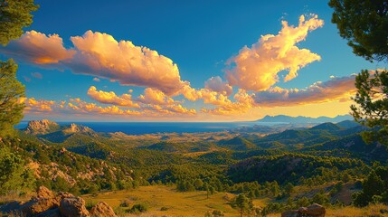 Sunset panoramic view, Mediterranean hills, coastal landscape, golden clouds