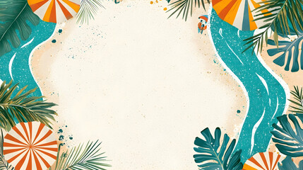 Tropical beach summer vacation design template with ocean waves, palm leaves, and umbrellas; ideal for travel brochures