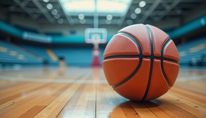 Basketball resting on polished court floor in an empty indoor arena.