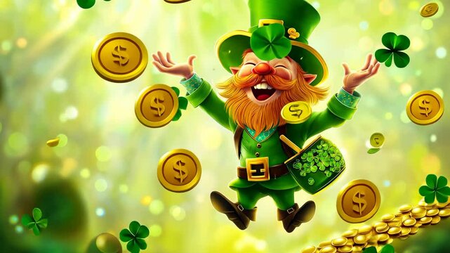 Cheerful leprechaun surrounded by gold coins and shamrocks. High quality 4k footage
