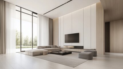 Modern living room with patio view, interior design, relaxation