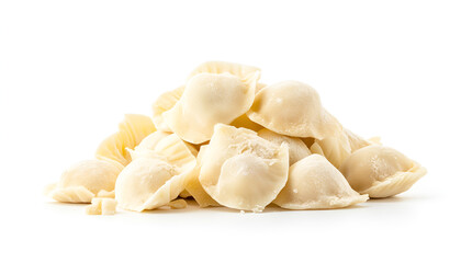 Pile of raw dumplings on white background