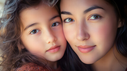 Obraz premium Close-up portrait of a woman and her daughter staring at the camera, mother and daughter relationship concept, on mother's day