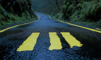 Empty Winding Road with Yellow Lines Reflecting After Rain in Lush Green Landscape Under Misty Sky