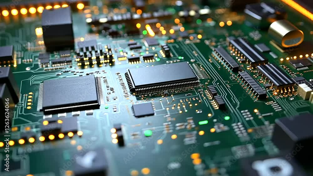 Poster a high-speed pcb assembly line, where tiny resistors and capacitors are placed with laser-guided acc