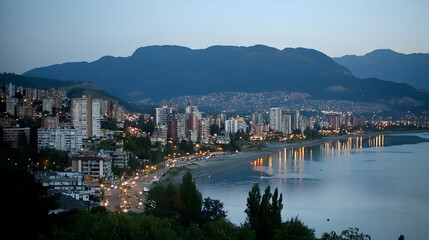 Fototapeta premium Coastal city twilight panorama, buildings reflecting in calm water, mountains background, travel brochure