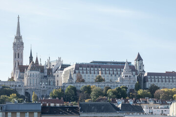 Fototapeta premium Budapest, Hungary: view from the parliament to the castle, Matthias church and the fisherman's bastion