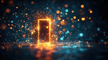 An open door leading to the universe, with colorful lights and bokeh effects all around. The light from inside shines through the door frame, creating an ethereal atmosphere.