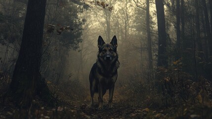 Fototapeta premium German Shepherd Alertly Standing in a Forest.