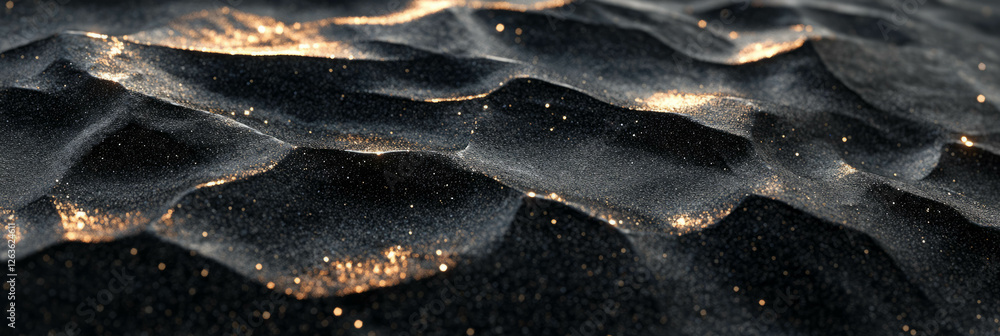 Aufkleber texture of black sand with angular obsidian shards reflecting light in dramatic highlights