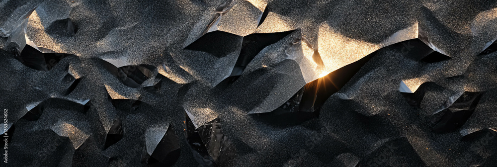 Poster textured black sand with angular obsidian shards reflecting light in a dramatic display