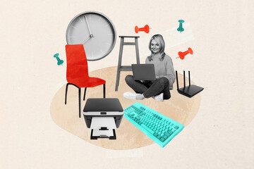 Trend artwork sketch design montage collage of woman sit type laptop printer keypad router wifi...