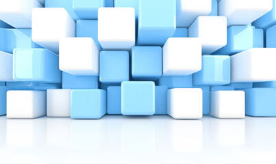 Obraz premium Abstract arrangement of three-dimensional blue and white cubes creating a modern geometric background for design and presentation purposes