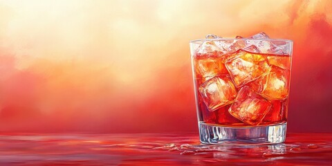 Refreshing cocktail served in a clear glass over ice with vibrant sunset background