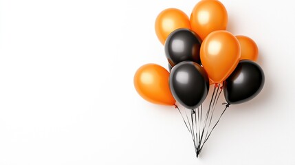 Assorted black and orange balloons on white background