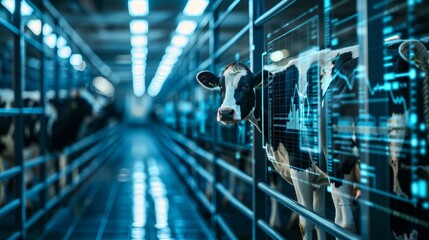Modern dairy farm featuring cows and digital overlays for efficient livestock management systems