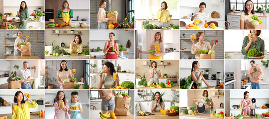 Set of vegan people with fresh fruits and vegetables in kitchen at home