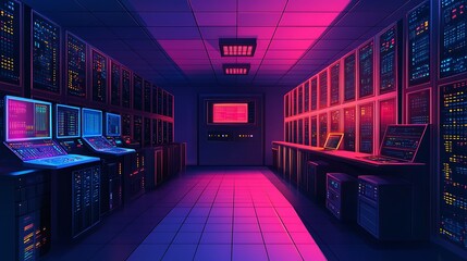 Neon-lit server room with glowing monitors and racks.