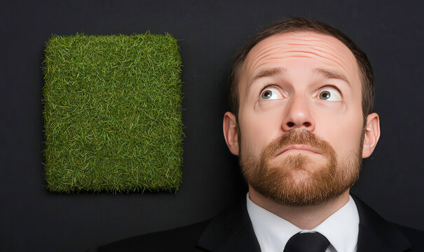 Thoughtful businessman contemplating nature while surrounded by artificial grass in a creative business concept image
