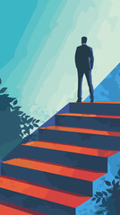 Businessman Building Success Stairway with Cube Letters, Illustrating Steps to Achieve Success in Corporate World