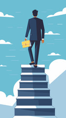 Businessman Building Success Stairway with Cube Letters, Illustrating Steps to Achieve Success in Corporate World