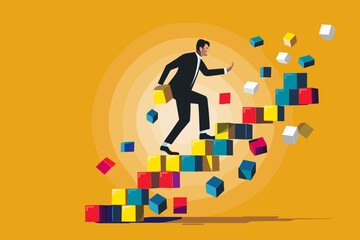 Businessman Building Success Stairway with Cube Letters, Illustrating Steps to Achieve Success in Corporate World