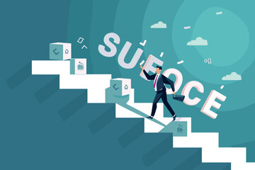 Businessman Building Success Stairway with Cube Letters, Illustrating Steps to Achieve Success in Corporate World