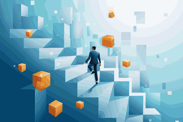 Businessman Building Success Stairway with Cube Letters, Illustrating Steps to Achieve Success in Corporate World