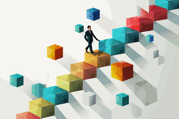 Businessman Building Success Stairway with Cube Letters, Illustrating Steps to Achieve Success in Corporate World