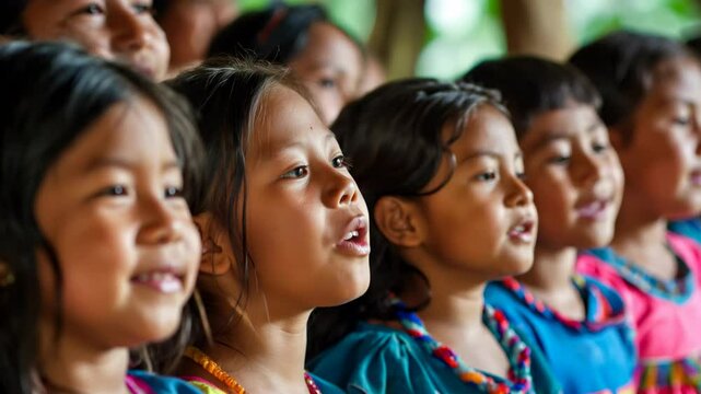 Choir of indigenous hispanic School Children singing together	
