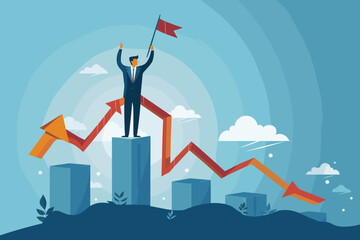 Businessman Celebrates Career Growth Standing on Top of Growth Chart, Flag in Hand, Symbol of Achievement