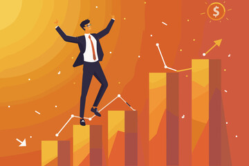 Businessman Celebrates Career Growth Standing on Top of Growth Chart, Flag in Hand, Symbol of Achievement