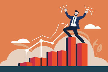 Businessman Celebrates Career Growth Standing on Top of Growth Chart, Flag in Hand, Symbol of Achievement