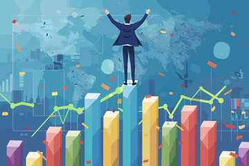Businessman Celebrates Career Growth Standing on Top of Growth Chart, Flag in Hand, Symbol of Achievement