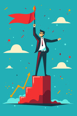 Businessman Celebrates Career Growth Standing on Top of Growth Chart, Flag in Hand, Symbol of Achievement