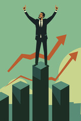 Businessman Celebrates Career Growth Standing on Top of Growth Chart, Flag in Hand, Symbol of Achievement