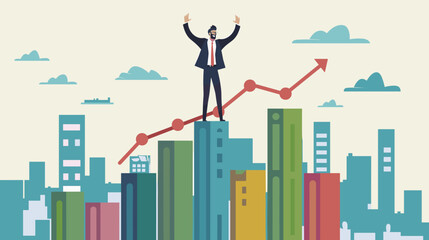 Businessman Celebrates Career Growth Standing on Top of Growth Chart, Flag in Hand, Symbol of Achievement