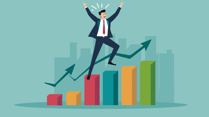 Businessman Celebrates Career Growth Standing on Top of Growth Chart, Flag in Hand, Symbol of Achievement