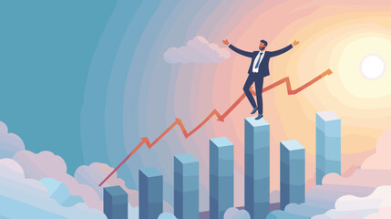 Businessman Celebrates Career Growth Standing on Top of Growth Chart, Flag in Hand, Symbol of Achievement